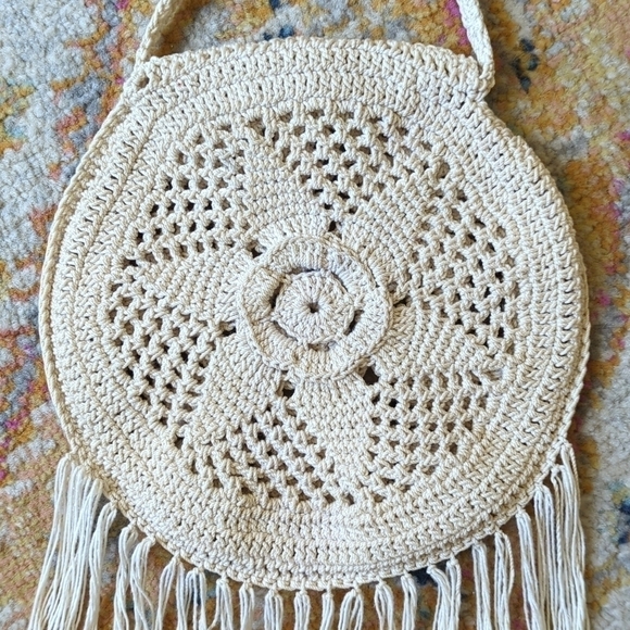 Handmade Bohemian Floral Woven Crochet Tassel Trim Circle Crossbody Bag Cream S - Picture 10 of 10